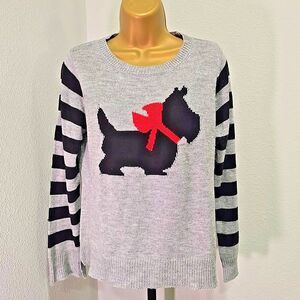Gray Crew Neck Sweater Womens PL Scottish Terrior Scottie Black Stripe Novelty